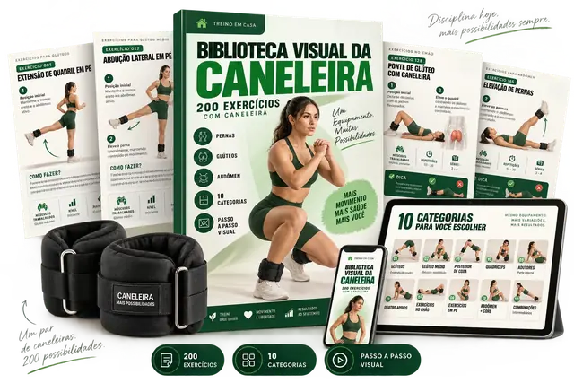 Biblioteca Visual da Caneleira — capa, fichas de exercícios, tablet, celular e caneleiras